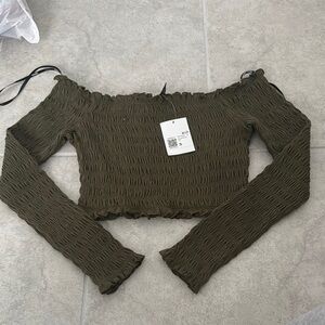 Olive Green Off-Shoulder Smocked Top